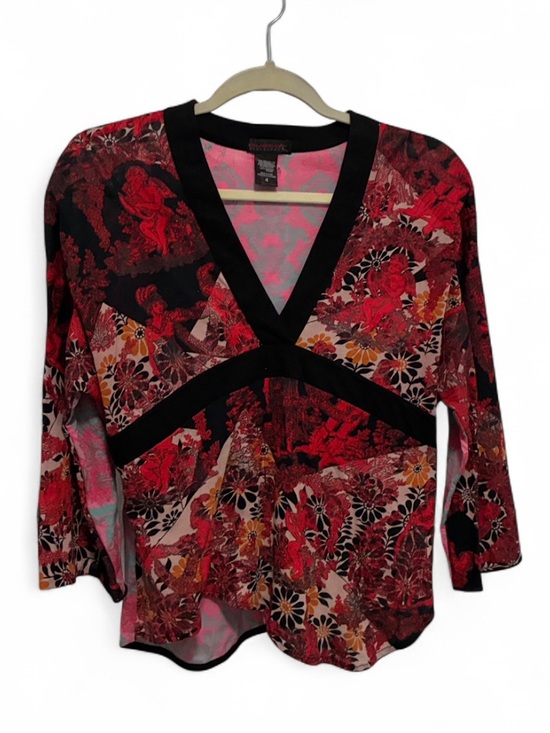 Custo Barcelona Tops - Custo Barcelona Red Floral Victorian Angel Print V-Neck Top with Black Trim